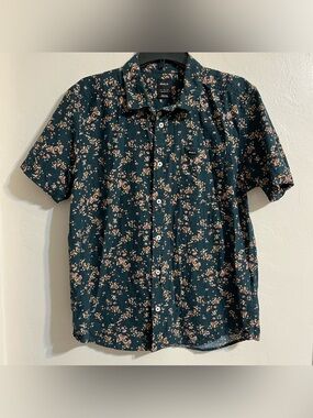 RVCA Men’s Dark Green Short Sleeve Floral Button-Up Shirt